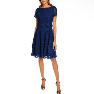 SHANI Navy Blue Formal Cocktail Party Floral Lace Fit & Flare Dress Size 2